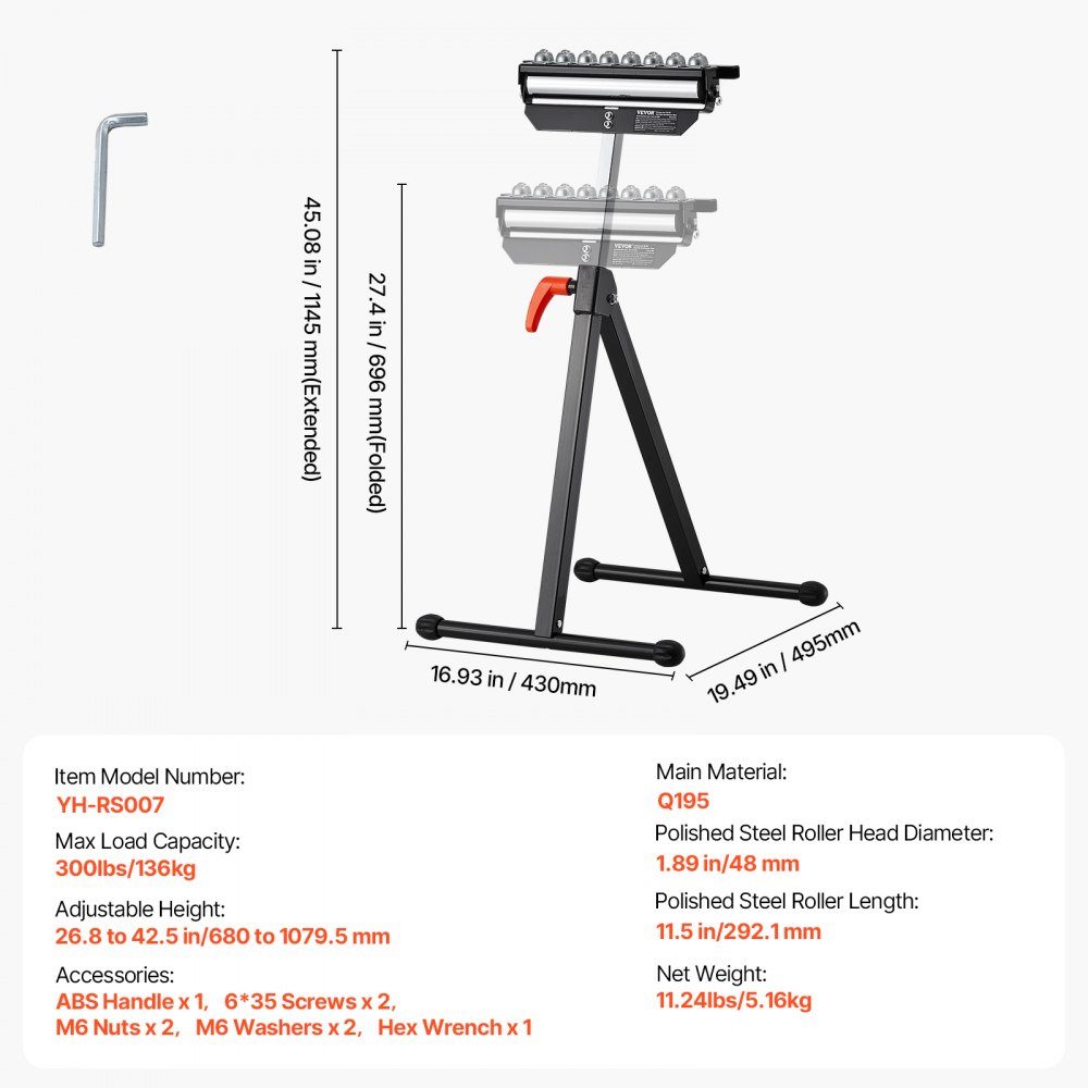 3 in 1 Roll Stand 136kg 68-108cm Height Adjustable Roll Stand with 11.5" Polished Multi-Directional Roll Head for Table Saw Spout Woodworking Extension Support
