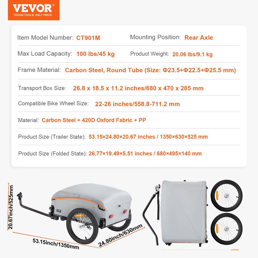 Remorque à vélo 45 kg, remorque cargo 1350 x 630 x 525 mm, remorque de transport, remorque cargo pliable pour vélo, espace de rangement compact avec attelage universel, pour faire du shopping, camper et pique-niquer