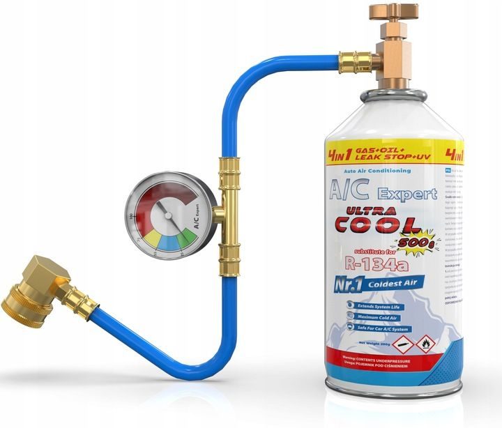 4-in-1-Nachfüllset für Klimaanlagen mit Gas, Öl, Dichtmittel und UV-Farbstoff für R-134a-Klimaanlagen