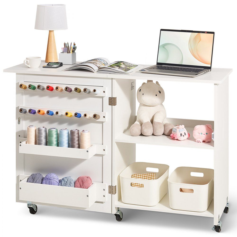 Opvouwbare naaitafel Multifunctionele naaimachinetafel met wielen en planken en opbergvakken en houten pennen en magnetische deuren, naaimachine wit (1170 x 400 x 778 mm)