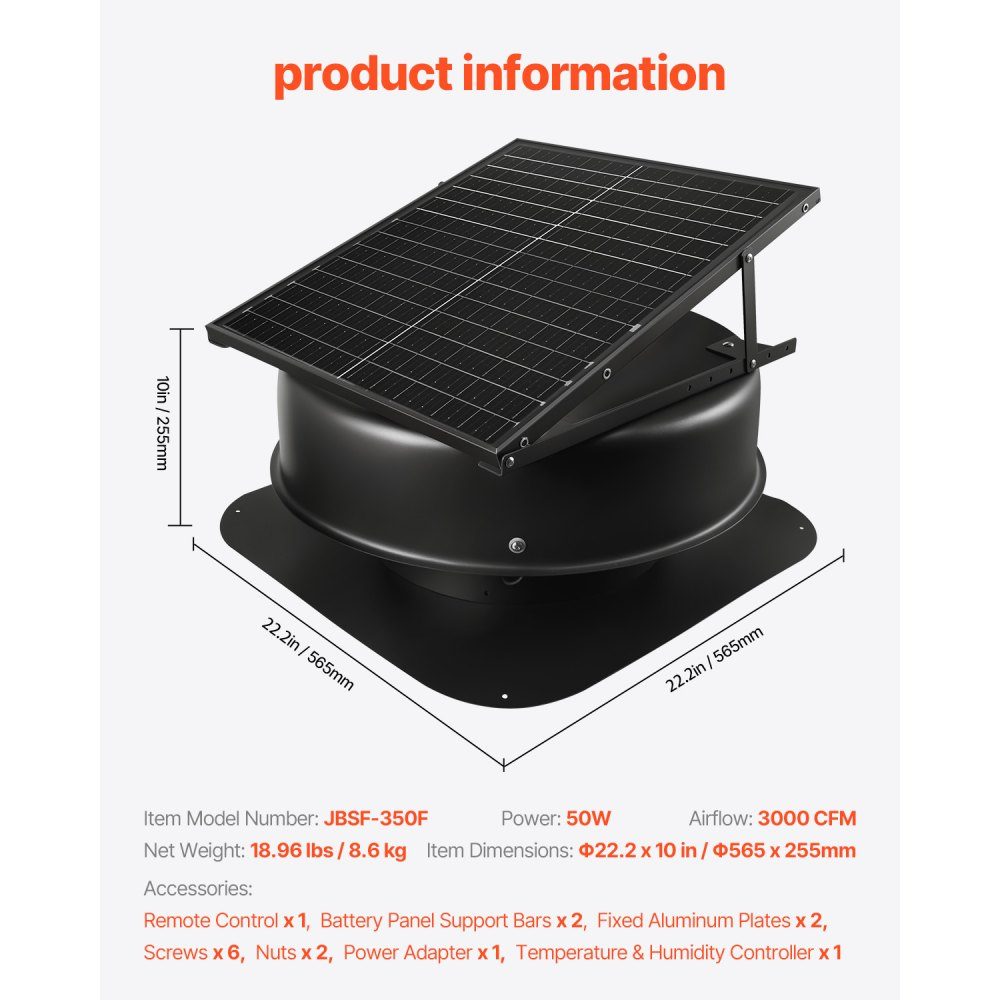 Solar Powered Fan, 50W Solar Roof Fan with Thermostat, Remote Control, 84950 L/min Airflow, Built-in Smoke Sensor with Auto Shut-off for Cooling and Dehumidification
