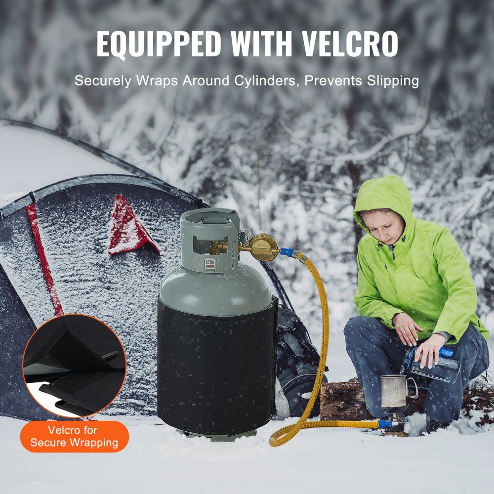Insulated band style gas bottle warmer, fits 40lb gas tanks, 120W propane heater, fixed internal thermostat, maximum temperature 90°F, durable waterproof oxford fabric, CE approved