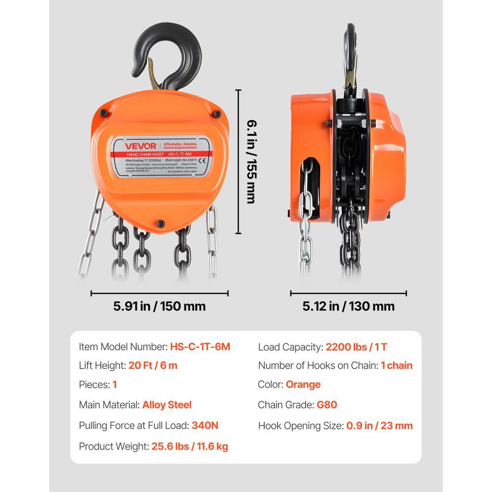 1T Lastkettenzug, Handkettenzug, 6 m Hubhöhe, Hebezeug mit G80-Kette, Hochleistungs-Riemenscheibe, manuelle Hebezeuge, Kettenrolle für Garage, Lager, Automobilmaschinen, Orange