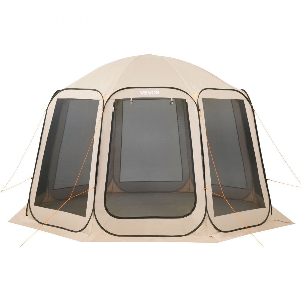 Pop Up Tent 144" x 134" Portable Camping Tent for 10-12 People with Net, Carry Bag, Side Walls and Pegs for Garden, Patio and Outdoor Activities, Beige