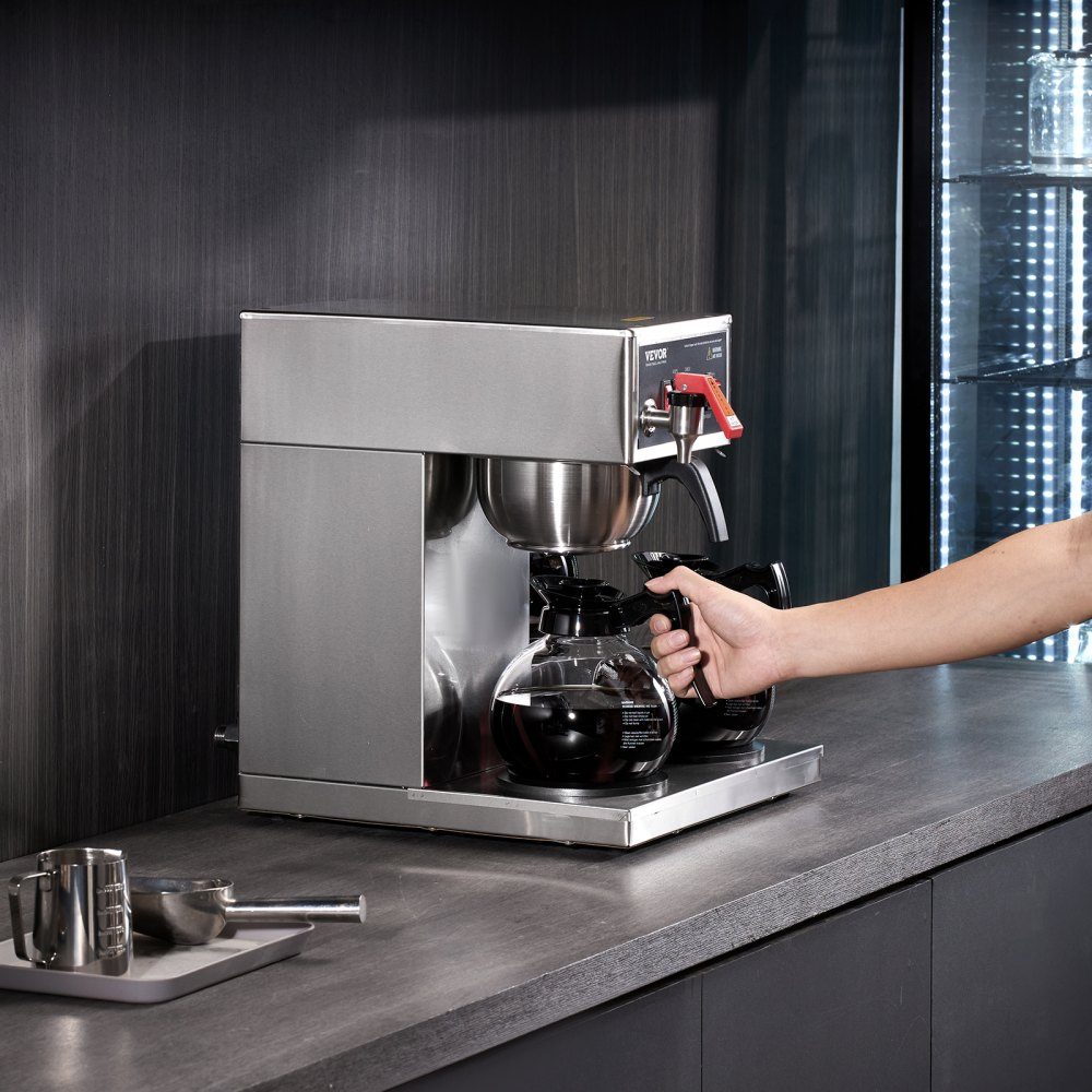 Kommerzielle Filterkaffeemaschine für 12 Tassen, Kaffeemaschine mit 3 Glaskaraffen & 3 Warmhalteplatten, Übergießkaffeemaschine aus Edelstahl für Restaurant, Büro, Café