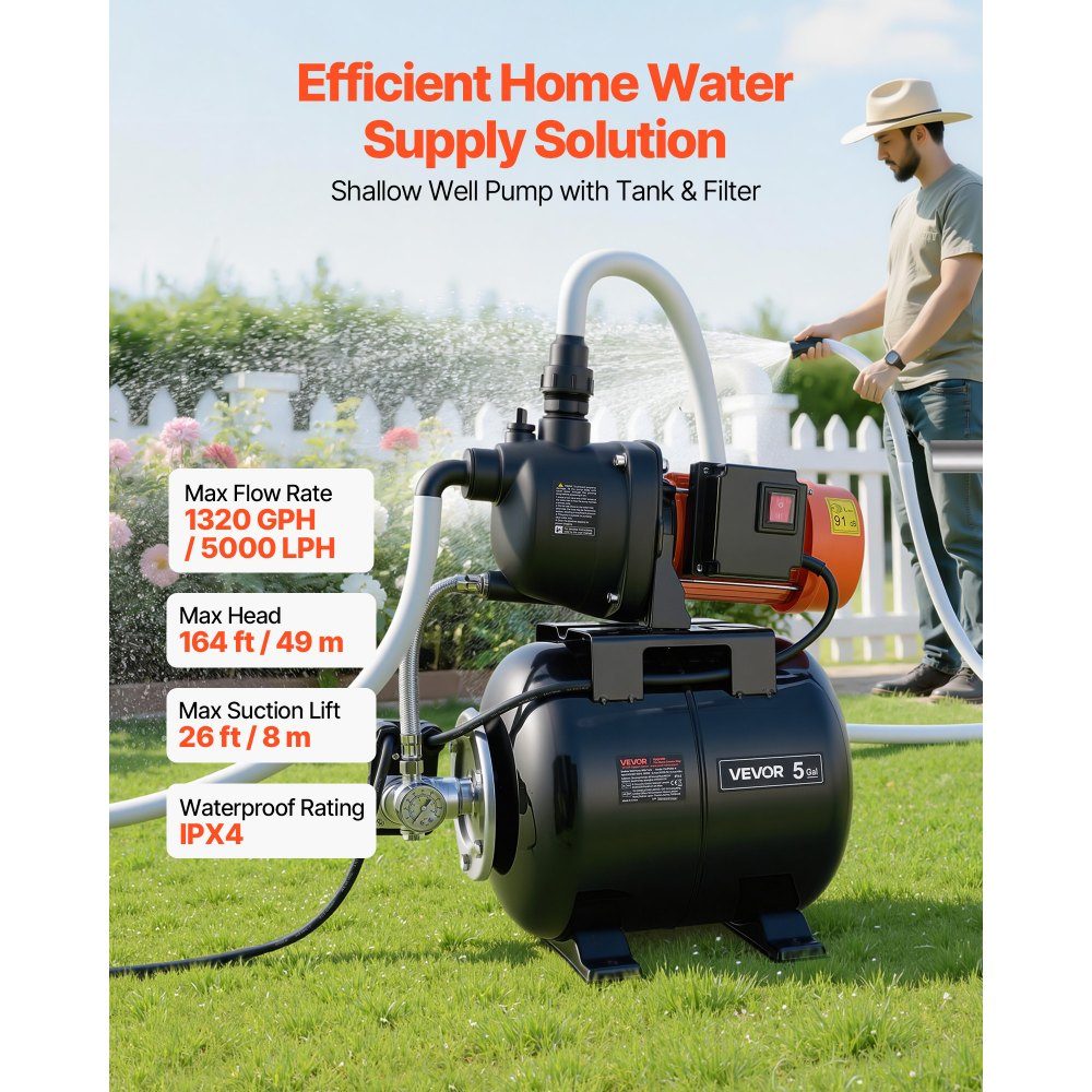 Hauswasserwerk 800 W, 5000 L/h Strahlpumpe mit 19 L Druckbehälter, 49 m Förderhöhe, inklusive automatischem Wasserfördersystem & Kunststoff-Pumpenkopf, für Gartenbewässerung & Hauswasserversorgung