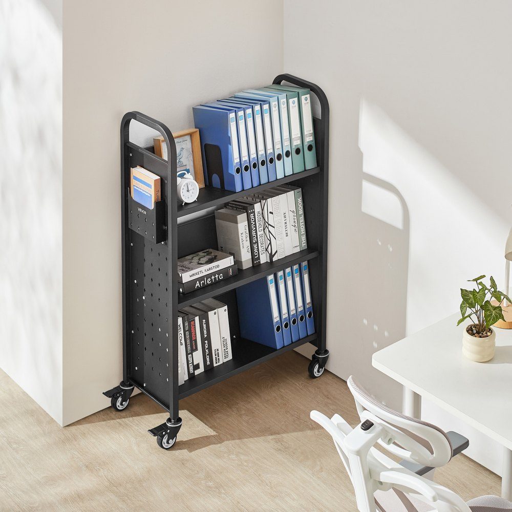 Book Trolley 150kg Load Capacity Library Trolley 77 x 38 x 122cm Single Sided V Shaped Bookshelf with Double Brake Wheels Bookshelf Trolley for Living Room Office School Black