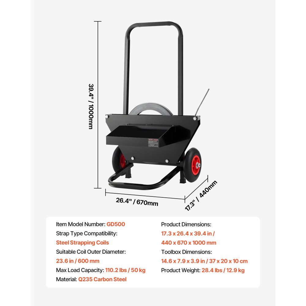 Distributeur, adapté aux bobines de feuillard en acier avec des dimensions extérieures de mandrin de 600 mm, distributeur de cerclage avec roues en caoutchouc, chariot de cerclage, dispositif de cerclage, adapté à l'usine, à l'entrepôt, à la zone de charg