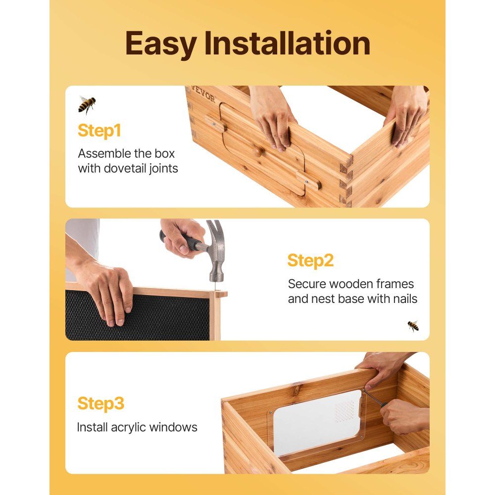 Beehive, 20 Frames, Zander Beehive, Beeswax Coated Fir Wood, 1 Deep + 1 Medium Bee Box, Langstroth Beehive Set, Clear Acrylic Windows with Foundations