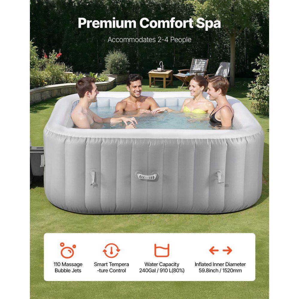 Aufblasbare Badewanne für 4 bis 6 Personen (185 x 66 cm), quadratisch und tragbar, mit 130 wohltuenden Düsen, Filter, Abdeckung, Matte und multifunktionalem Bedienfeld, PVC-Außen-Whirlpool