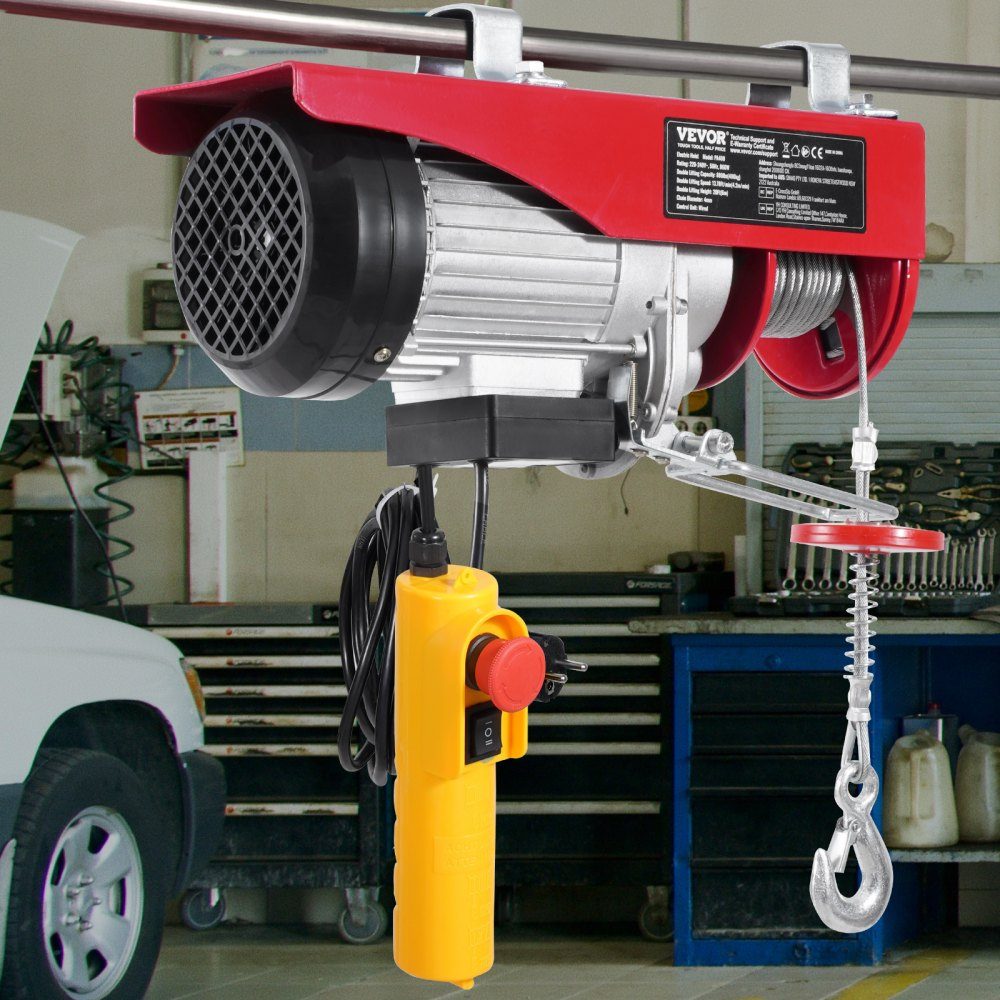 Electric Winch 400kg Motor Winch with 4.2m Cable Remote Control 12m Lifting Height with Single Rope Single/Double Slings Emergency Stop Hoist for Garage Warehouse Factory