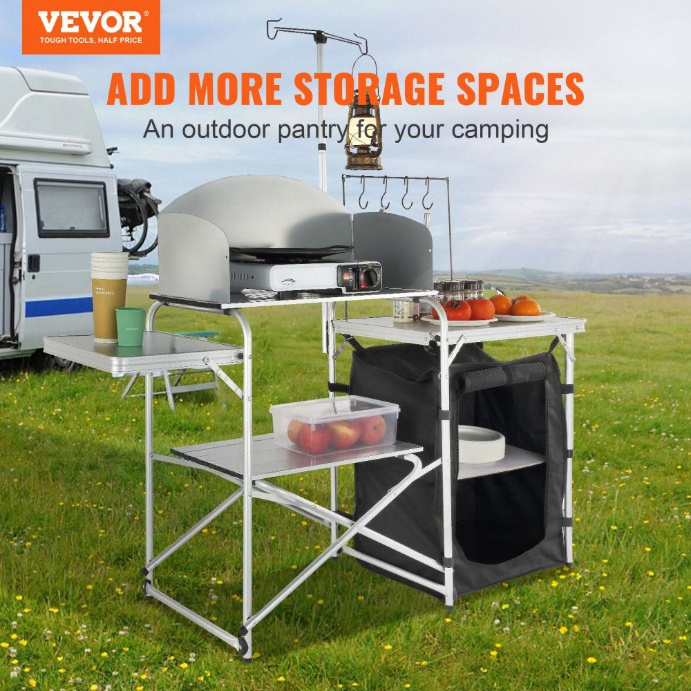 Cuisine de camping d'extérieur pliable 78 x 49 x 13 cm, armoire de camping en aluminium, cuisine de camping avec protection contre le vent, meubles de camping, cuisine de voyage incl. crochets et poteau de lampe 66-121 cm, placard de cuisine, table de cam