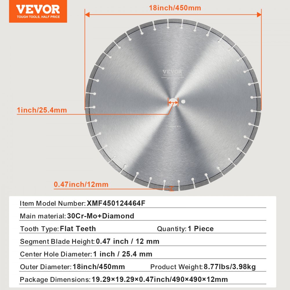 Diamond saw blade concrete saw blade 45 cm for wet or dry work, 12 mm diamond segment saw blade with flat teeth, center hole diameter 25.4 mm, for concrete, cement boards, tiles, bricks Diamond saw blade concrete saw blade 45 cm for wet or dry work, 12 mm diamond segment saw blade with flat teeth, center hole diameter 25.4 mm, for concrete, cement boards, tiles, bricks