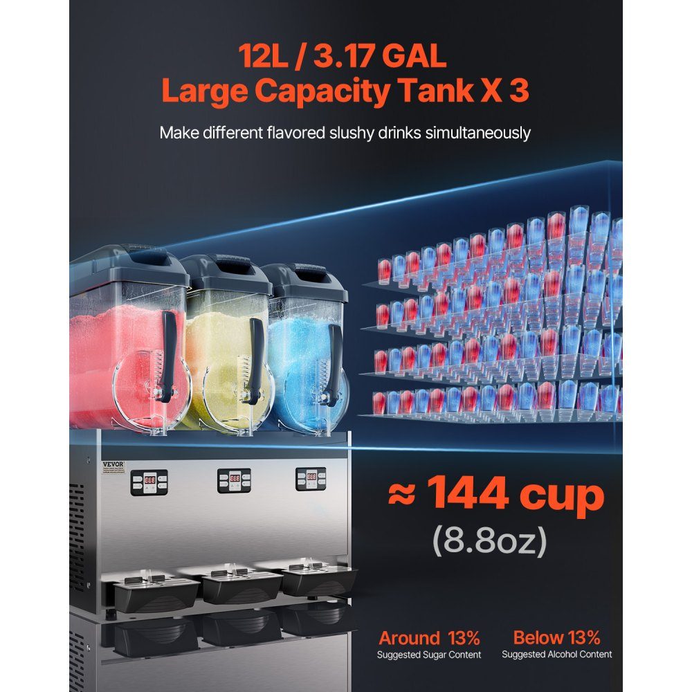 Commercial Slush Ice Cream Maker, 12L x 3, Three Tank Frozen Drink Machine, 144 Cups, Stainless Steel Slush Ice Cream Maker with Keyboard, Soft Ice Cream Machine for Party, Restaurant, Cafe, Bar