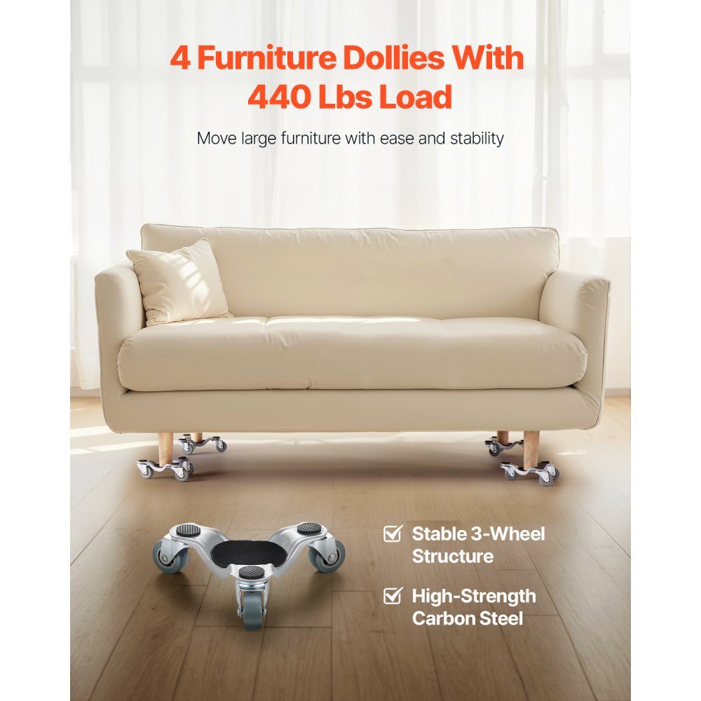 Furniture trolley set of 4, 158 x 158 x 65 mm, 200 kg load capacity, 3-wheeled steel furniture trolley with triangular swivel castor, transport trolley for household appliances, sofa, refrigerator