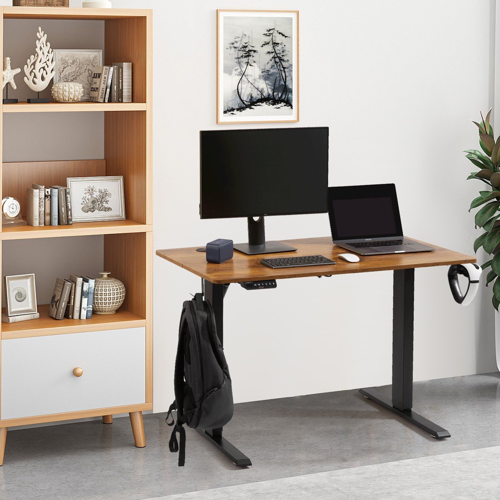 Schreibtisch höhenverstellbar, elektrisch, 140 x 70 cm, Stehpult, 0,72–1,1 m verstellbar, Memory-Steuerung, großer Computertisch, 82 kg belastbar, brauner Bürotisch, PC-Tisch, Sitz- und Stehpult