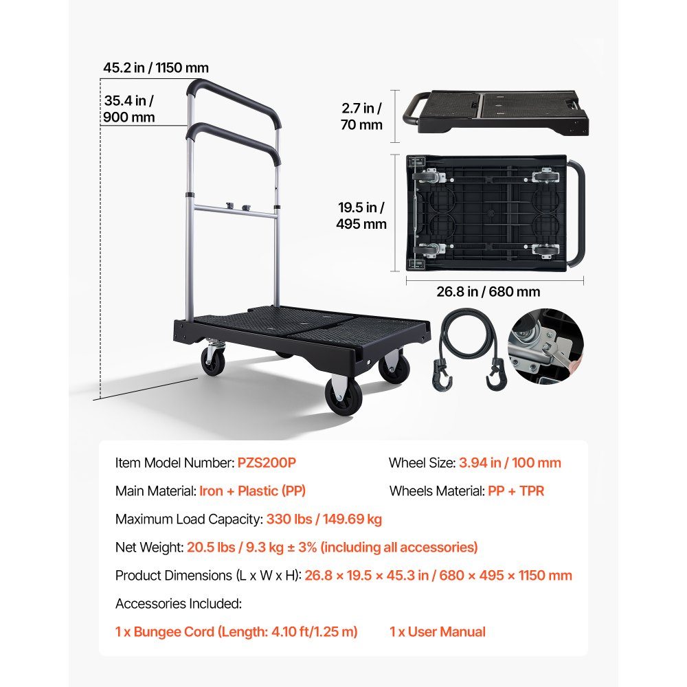 Folding platform trolley 150 kg, transport trolley with swivel castor, hand trolley with non-slip loading surface and adjustable handle, folding trolley transport aid, 680x495x1150 mm trolley for warehouse