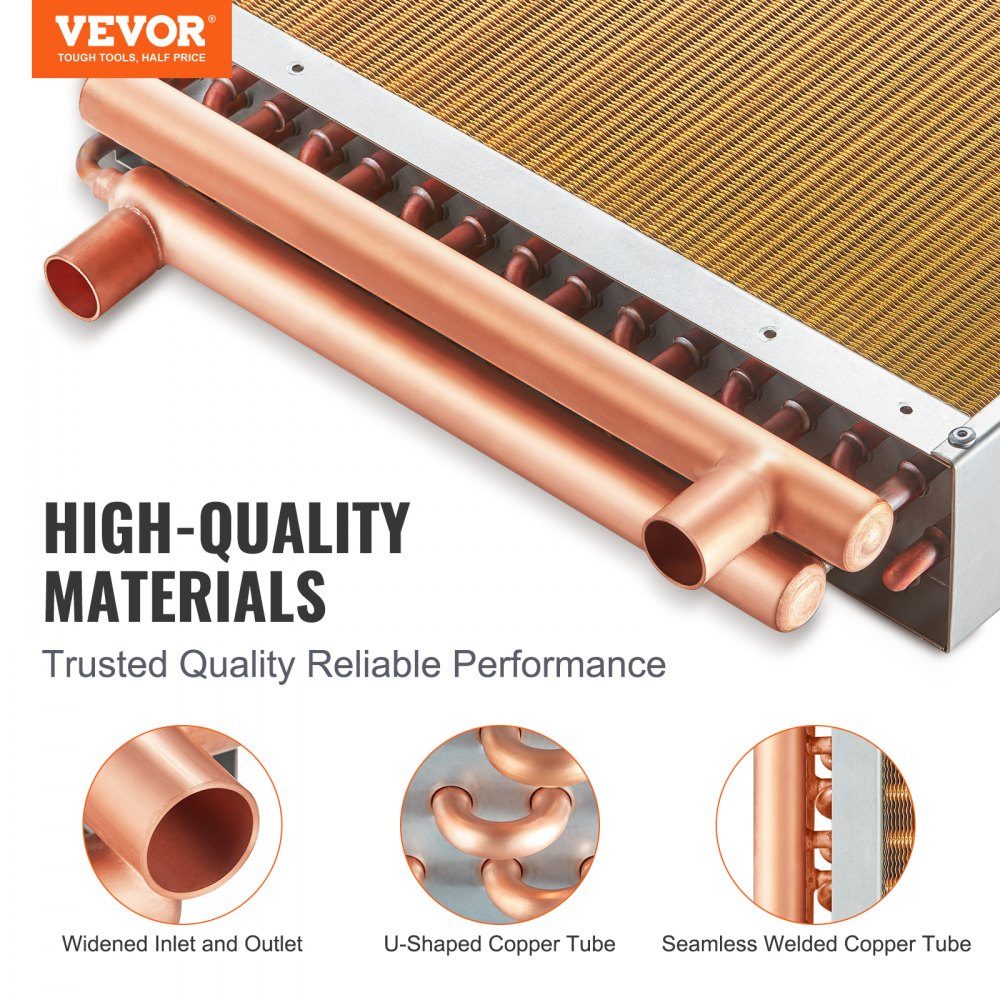 16" x 16" water to air heat exchanger with 3 row 9.53mm copper connections, 193 aluminum fin heat exchanger for wood stoves, residential heating and cooling and forced air heating