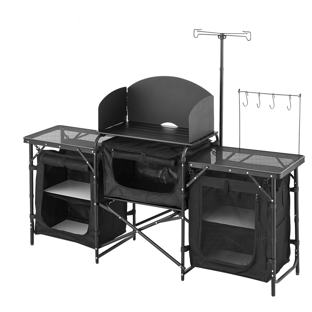 Camping-Küchentisch, Outdoor-Kochtisch, tragbare Aluminium-Kochstation mit 3 Aufbewahrungsschränken und Tragetasche sowie abnehmbarer Windschutzscheibe, für Grillpartys, Picknicks, Wohnmobil-Reisen, Schwarz