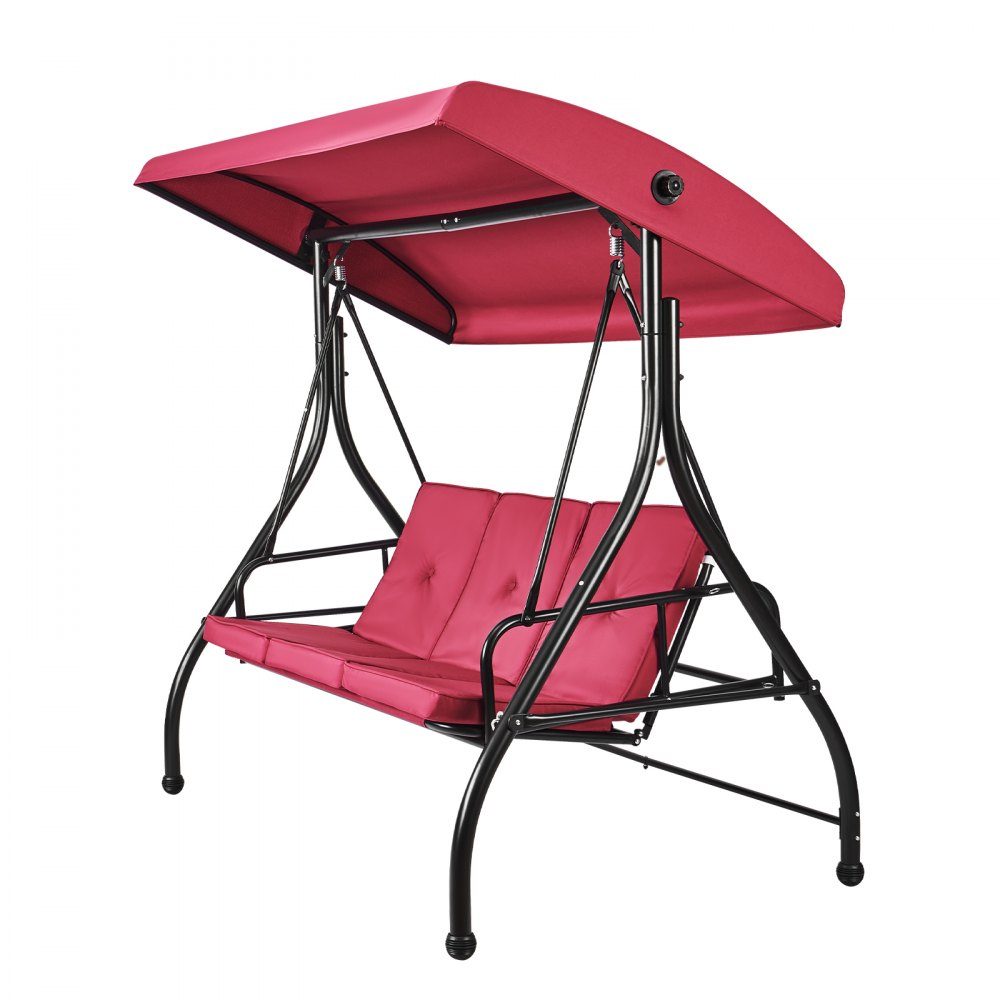 Chaise à bascule Hollywood 3 places avec auvent réglable, coussin amovible et cadre en acier allié pour balcon, jardin, bord de piscine, bordeaux