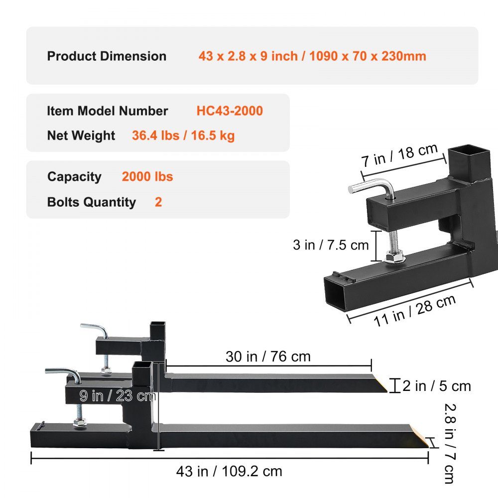 2x Palettengabeln klemmbar 1090x70x230mm Gabelträger 907kg Tragkraft Gabelzinken 109cm Gesamtlänge mit 76,2cm Gabelblatt Gabelstapler Gabelstaplerzinken Frontlader Palettenrahmen