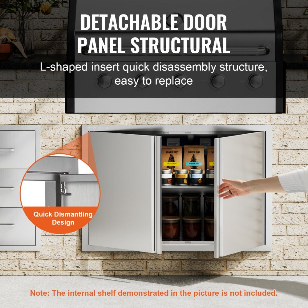 Grill Access Door 914x610mm Double Outdoor Kitchen Door Flush Mount Stainless Steel Door Vertical Wall Door with Retractable Handles for Grill Island Grill Station Outdoor Cabinet