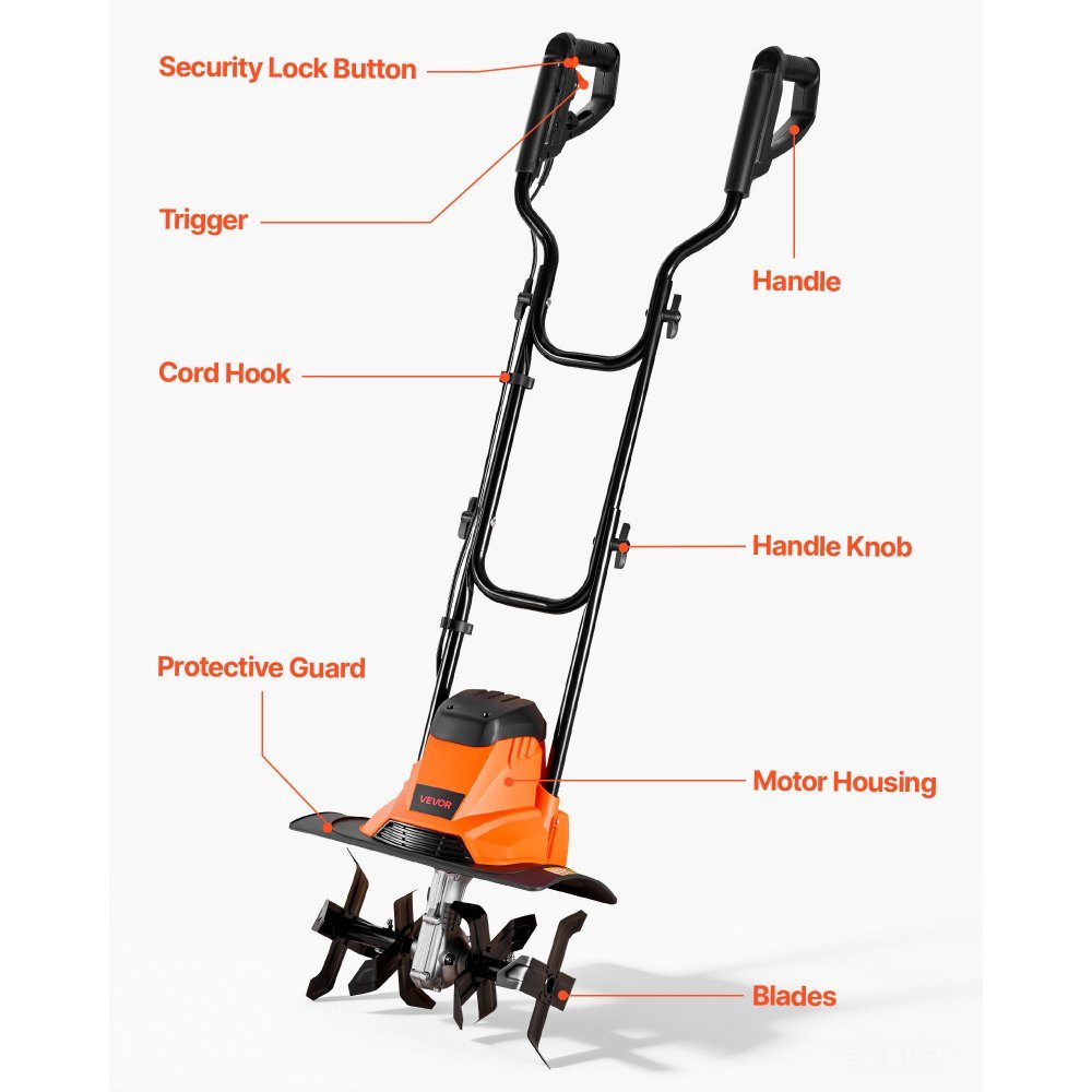 Electric motor hoe 36 cm working width, 22 cm working depth, 1200 W motor hoe, soil shredder, cultivator with steel tines & folding handle, garden tiller for lawn, yard and garden maintenance