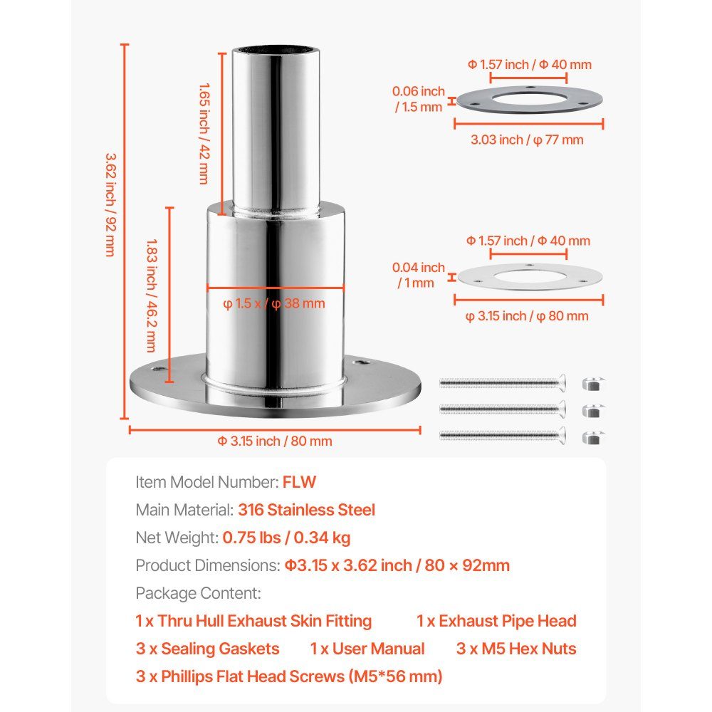 Réglage de la peau d'échappement à travers la coque (24 mm), kit d'échappement droit pour tuyaux d'échappement marins avec vis, écrous et joint pour chauffages diesel et chauffages d'appoint, acier inoxydable 316, couleur argent