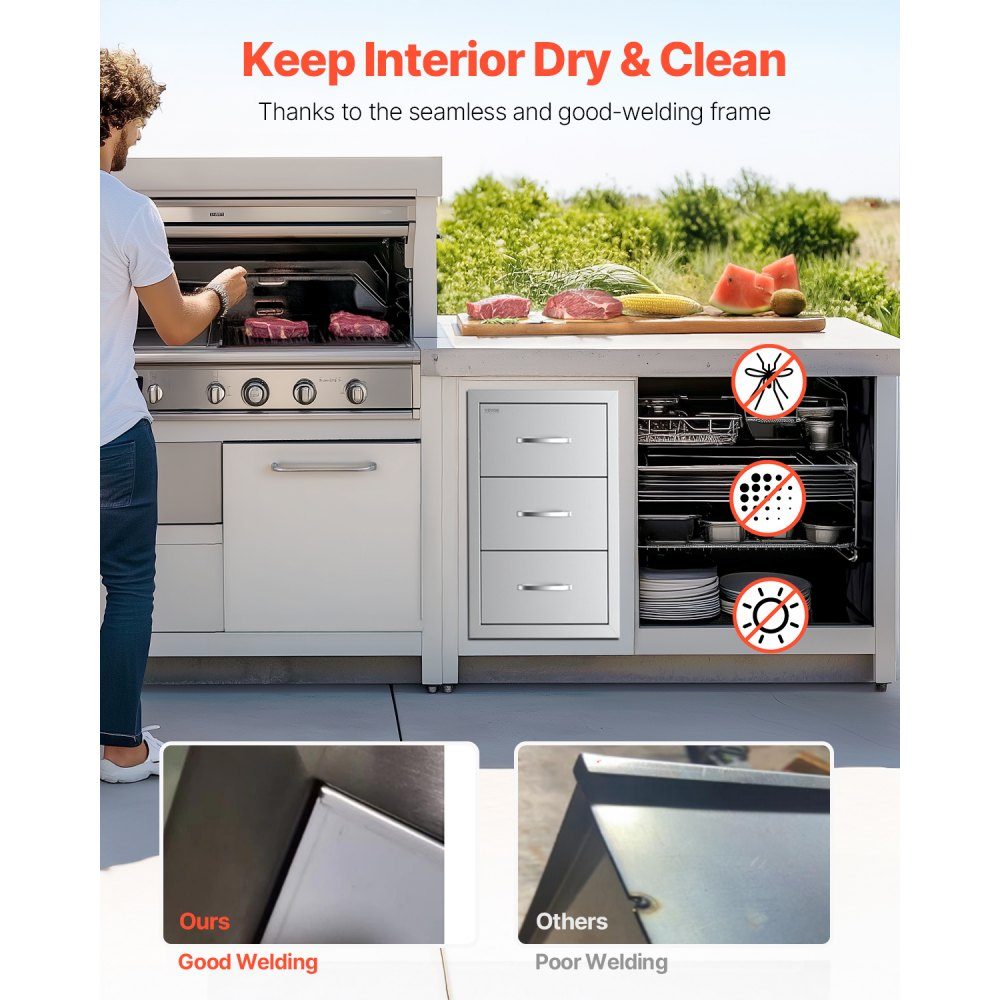 Outdoor Kitchen Drawers, Triple Access Stainless Steel Drawer Cabinet, Grill Island Drawer Storage with Paper Towel Holder and Handle, for Grill Station