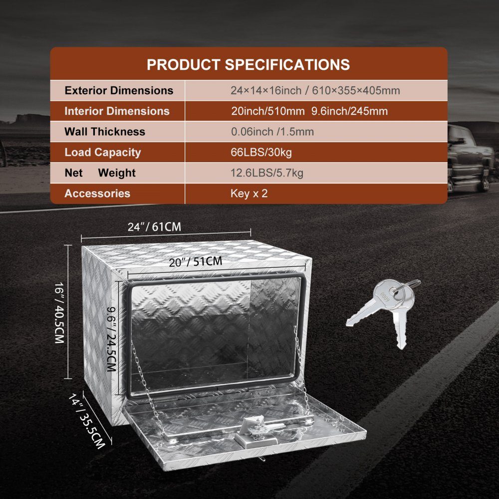 Underbody Truck Box, 610x335x405mm Pickup Storage Box, Aluminum Tool Box with Lock and Keys, Waterproof Trailer Tool Box for Trucks, Vans, Trailers etc