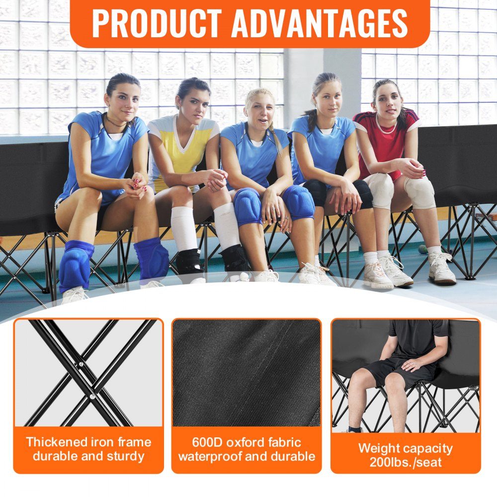 Portable Folding Bench 8 Seater Folding Side Bench Outdoor Camping Bench Chair with Carry Bag and Backrest Team Sports Side Bench for Football Fishing No Assembly Required Instant Sit Black
