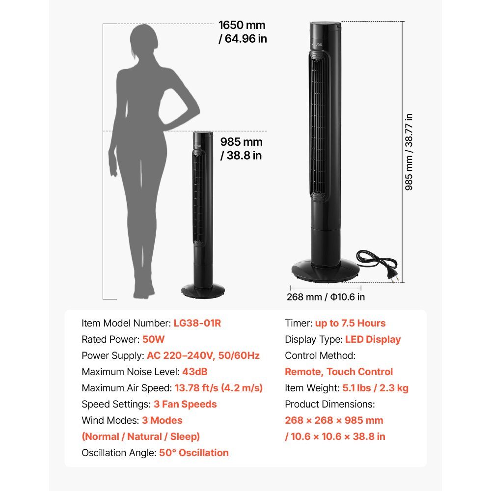 50 W Turmventilator, 985 mm Säulenventilator mit 3 Geschwindigkeiten, 3 Modi, 7,5-Stunden-Timer, 50° oszillierender Ventilator mit Fernbedienung, leiser Standventilator für Schlafzimmer, Büro, Schwarz