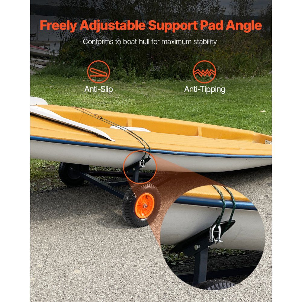 Remorque de bateau Dolly Chariot Remorque 190 kg Charge de support 40 cm Pneu pneumatique Support antidérapant en acier au carbone pour déplacer les kayaks, les bateaux à moteur et les bateaux de pêche