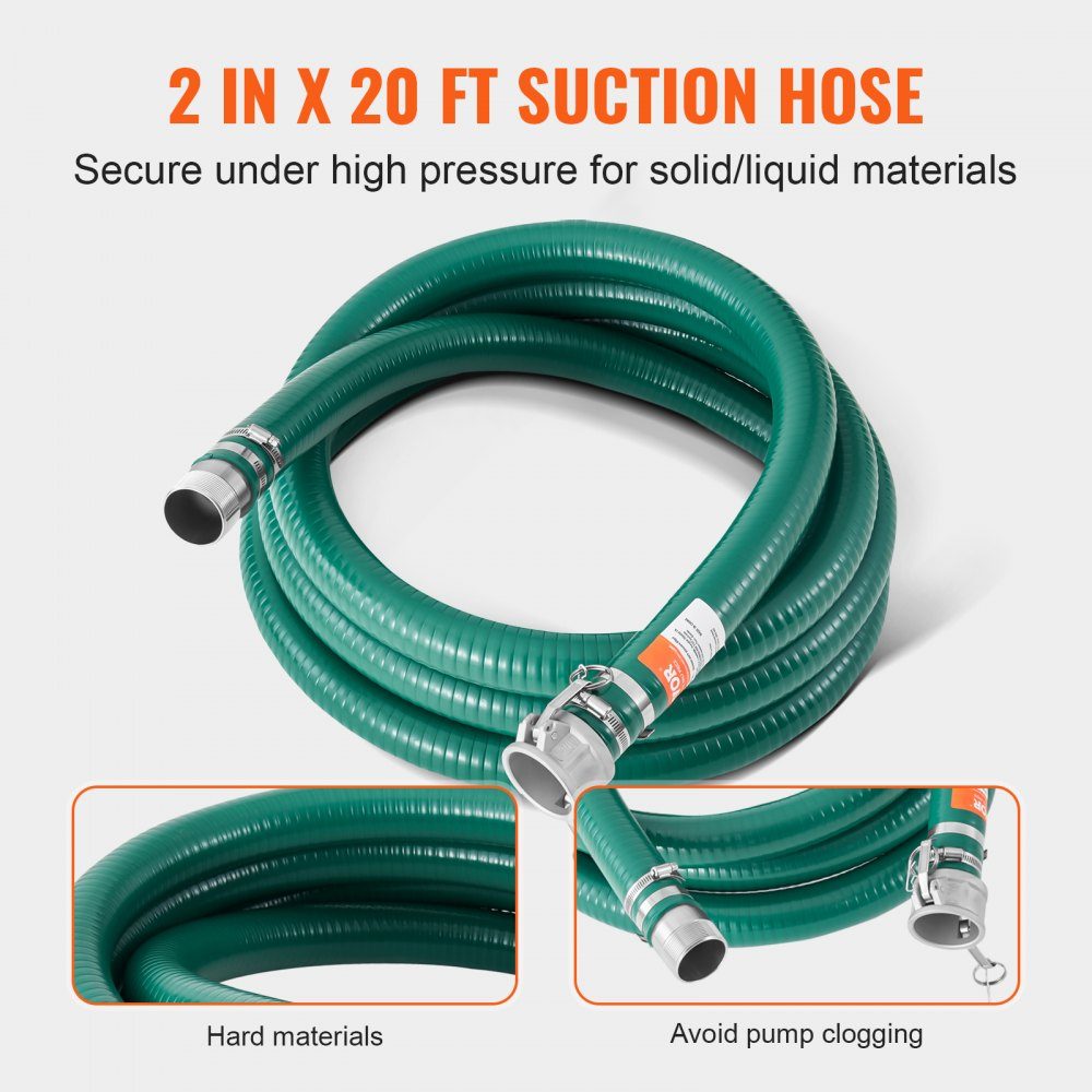 Das Saugschlauch-Set umfasst einen 2" x 50" blauen Rückspülschlauch, einen 20' grünen Saugschlauch und ein Rundloch-Stahlsieb, Camlocks, Klemmen, Nocken- und Nutadapter für verschiedene Zwecke