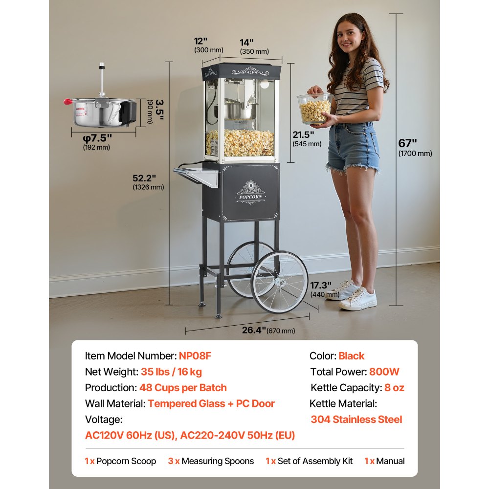 Popcorn Machine Popcorn Machine with Kettle & Trolley, 800W Commercial Popcorn Maker, 48 Cups per Load, with 2 Button Control, Glass Wall, PC Door, 1 Scoop, 3 Spoons, Black Popcorn Machine Popcorn Machine with Kettle & Trolley, 800W Commercial Popcorn Maker, 48 Cups per Load, with 2 Button Control, Glass Wall, PC Door, 1 Scoop, 3 Spoons, Black