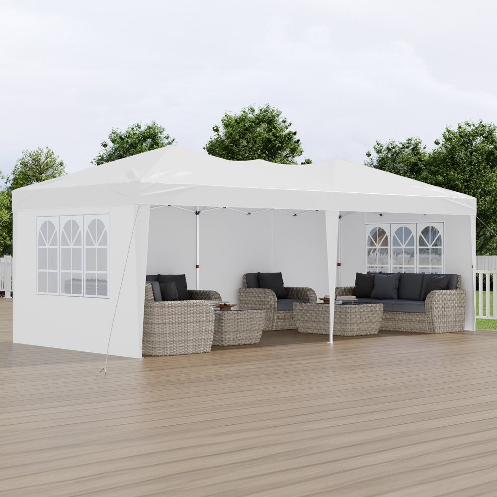 Gazebo Faltpavillon, 5,9 x 2,96 x 2,65 m, Festzelt, Gartenzelt mit Seitenwänden & belüfteten Fenstern, 3 Höheneinstellungen, Sonnenschutz für Veranstaltungen im Freien, weiß