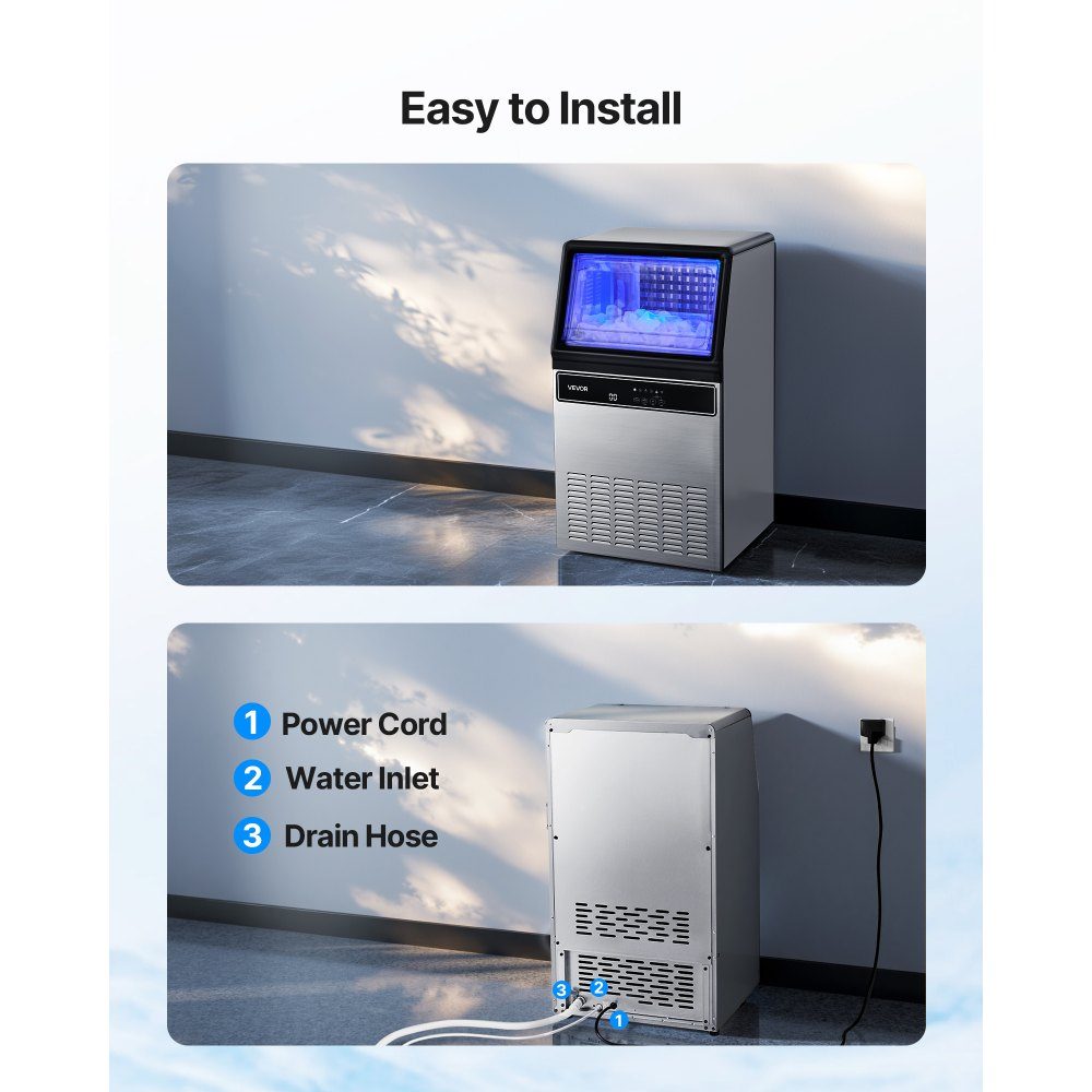 Machine à glaçons professionnelle avec pompe 59 kg/jour avec capacité de stockage de 15 kg, 45 glaçons par cycle, sur pied et sous comptoir, avec écran LED et autonettoyante, pour bar restaurant à domicile