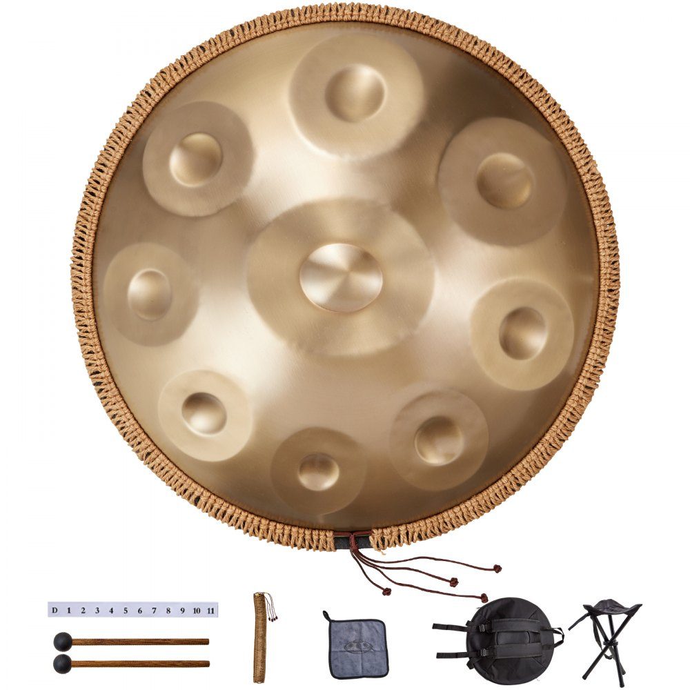 Handpan, 55 cm, 9 notes, tambour à main en ré mineur, instrument de batterie avec maillets, support de handpan 440 Hz et sac de transport, tambour sonore en acier de guérison, instruments de percussion pour adultes et débutants