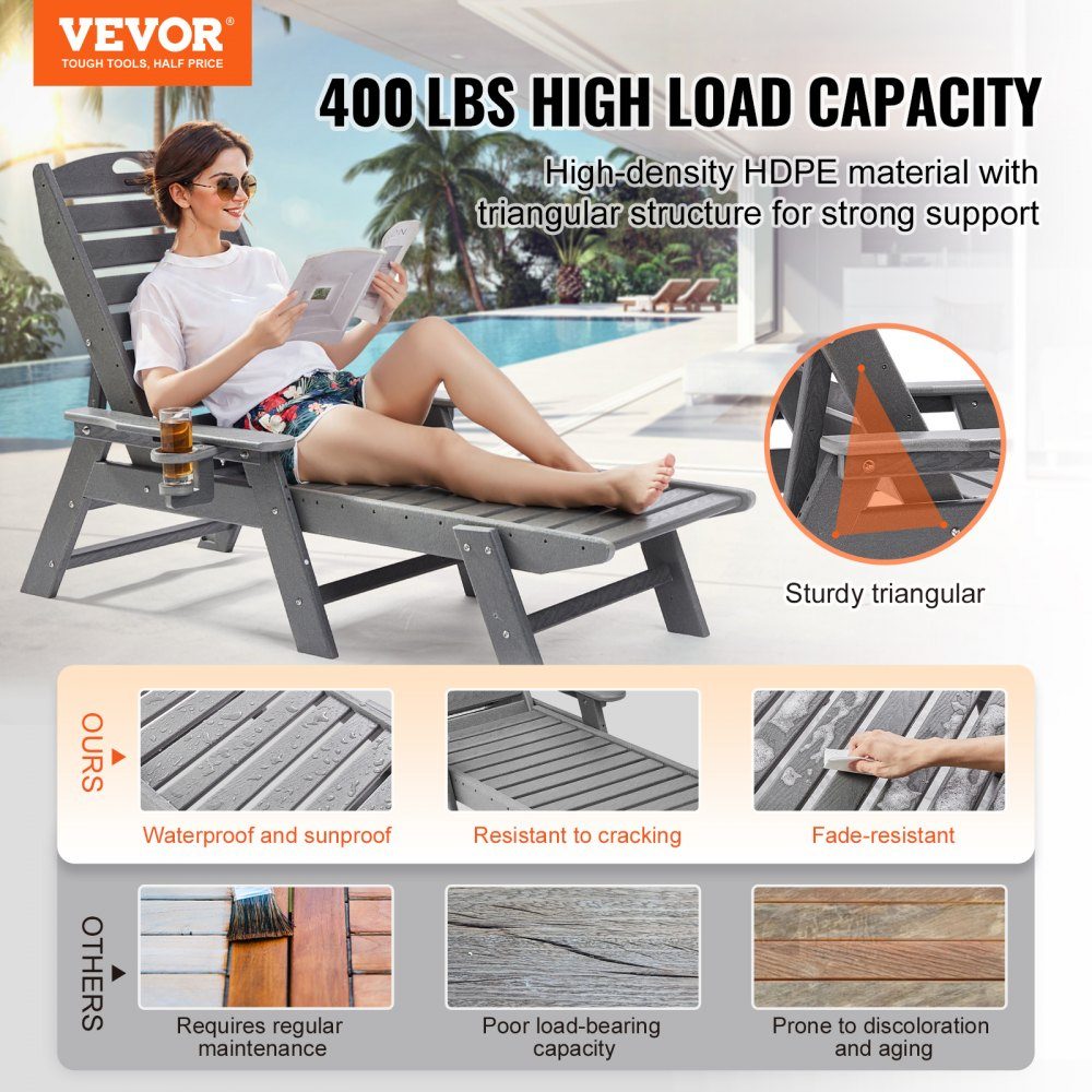 Sun Lounger 400lb Load HDPE Garden Lounger Beach Lounger with 6 Way Adjustable Backrest Armrest Cup Holder Balcony Lounger Patio Lounger for Pool Patio Patio Lawn Gray