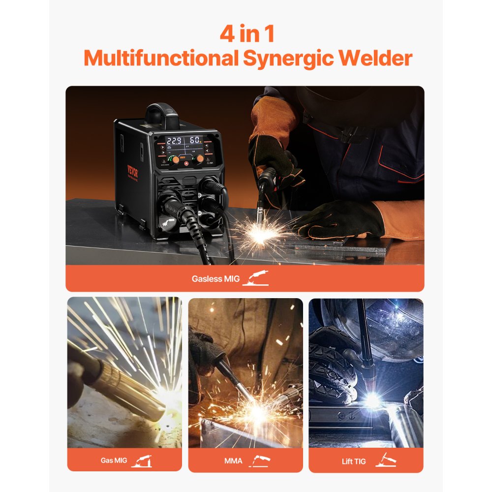 MIG-lasapparaat, 200A synergisch MIG-lasapparaat, 4-in-1 gas MIG/Flux Core MIG/Stick/Lift TIG multiproceslasapparaat met IGBT-invertertechnologie en LCD-scherm