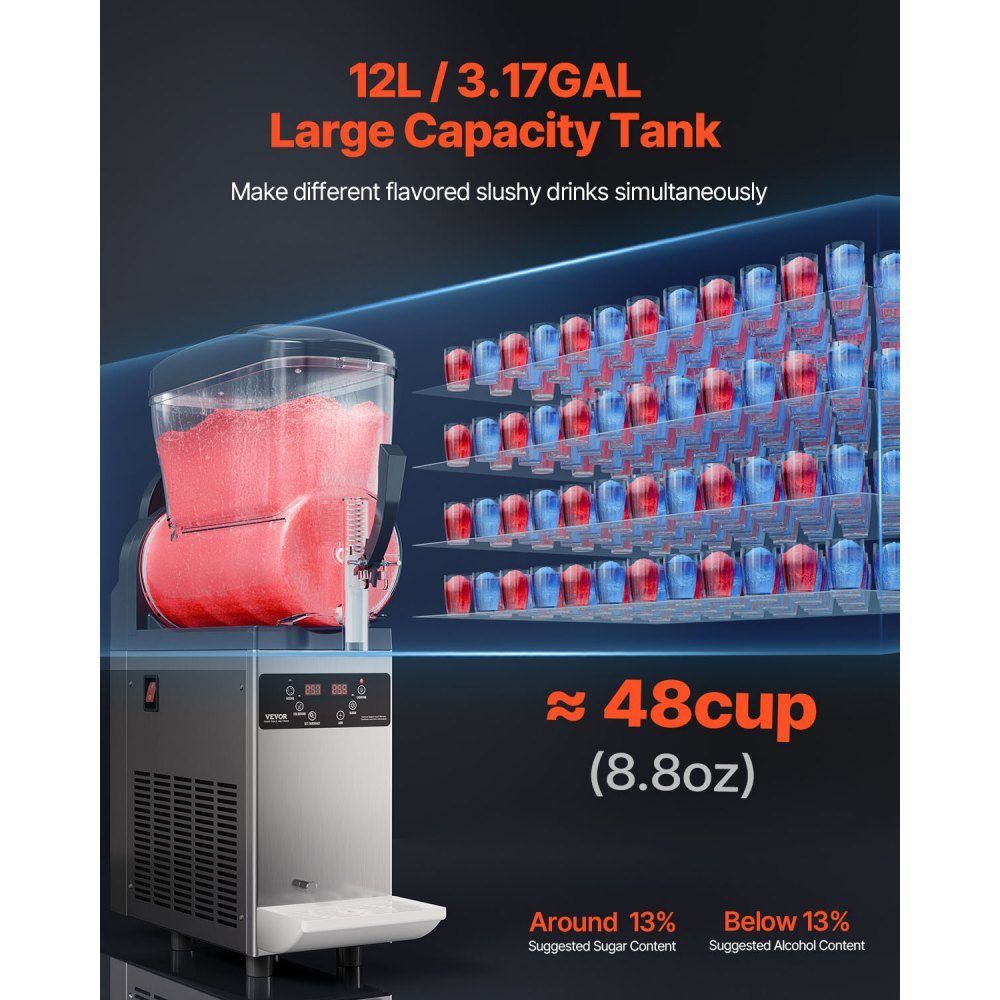 Commercial Slush Ice Cream Maker, 12L Single Tank Frozen Drink Machine, 48 Cups, Stainless Steel Slush Ice Cream Maker with Electronic Keyboard, Soft Ice Cream Machine for Party, Restaurant, Cafe