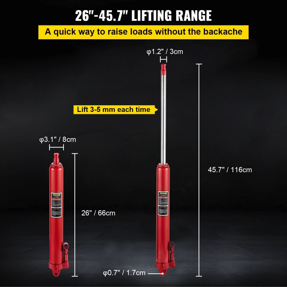 3T Capacity Hydraulic Long Ram Jack Single Piston Pump and Clevis Base Manual Elevating Platform Jack with Handle for Workshop Cranes Engine Hoists Red