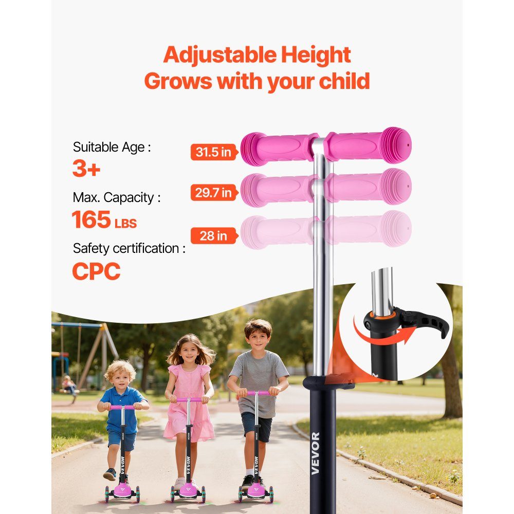 Scooter (3 Räder) ab 3 Jahren, Cityscooter Kinderroller mit leuchtenden Rädern & höhenverstellbarem Lenker & rutschfestem Deck & leichtem Aluminiumrahmen, Tretroller bis 75 kg, Pink