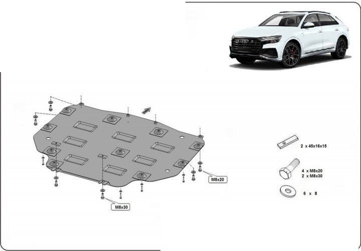 Protection anti-encastrement du capot moteur en acier Conversion du capot en acier de la boîte de vitesses Audi Q8 (2018-2020) avec kit de matériel complémentaire Protection anti-encastrement du capot moteur en acier Conversion du capot en acier de la boîte de vitesses Audi Q8 (2018-2020) avec kit de matériel complémentaire