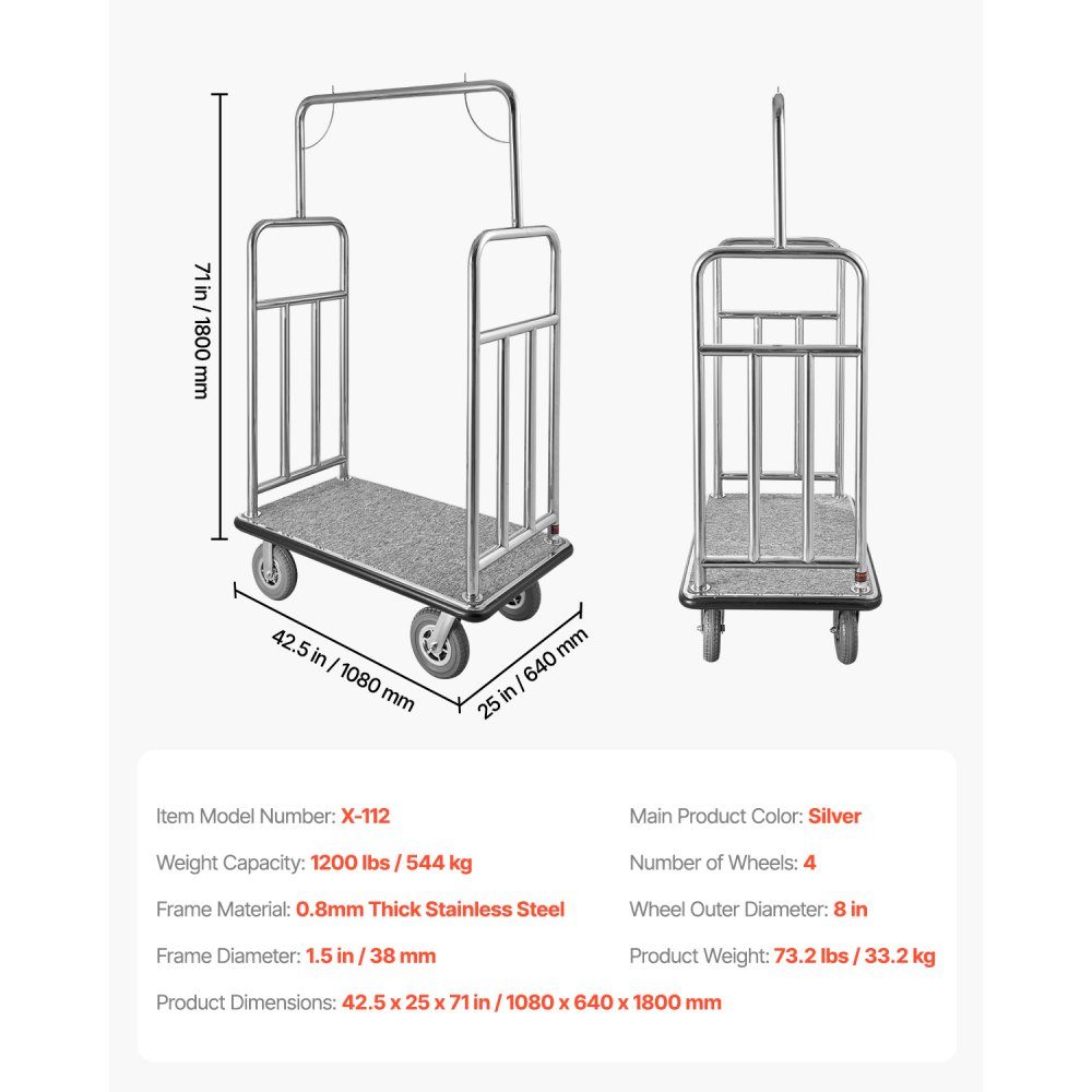 Hotel Luggage Cart, 1,000 Pound Capacity, Hotel Cart, Bellboy Cart, Luggage Cart, Valet Cart with Gray Carpet Floor and 8" Rubber Wheels, Ideal for Hotels, Condos, Resorts, Silver