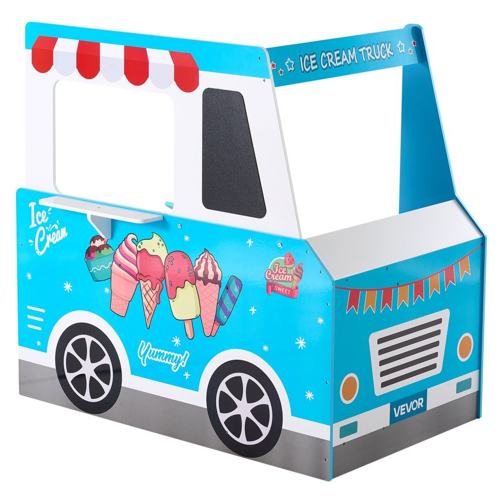 Chariot à glaces pour enfants, plus de 20 accessoires, glacier en bois avec volant et planche, scanner de paiement et congélateur, robinet et évier, adapté aux enfants de 3 à 7 ans, bleu