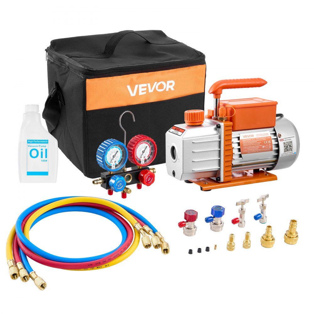 Vacuümpomp met manometer 4,5 CFM 127 l/min 250 W 1-traps draaischuifvacuümpomp manometerset voor R134a, R22, R410a, R1234YF en R32 met draagtas voor auto-airconditioner