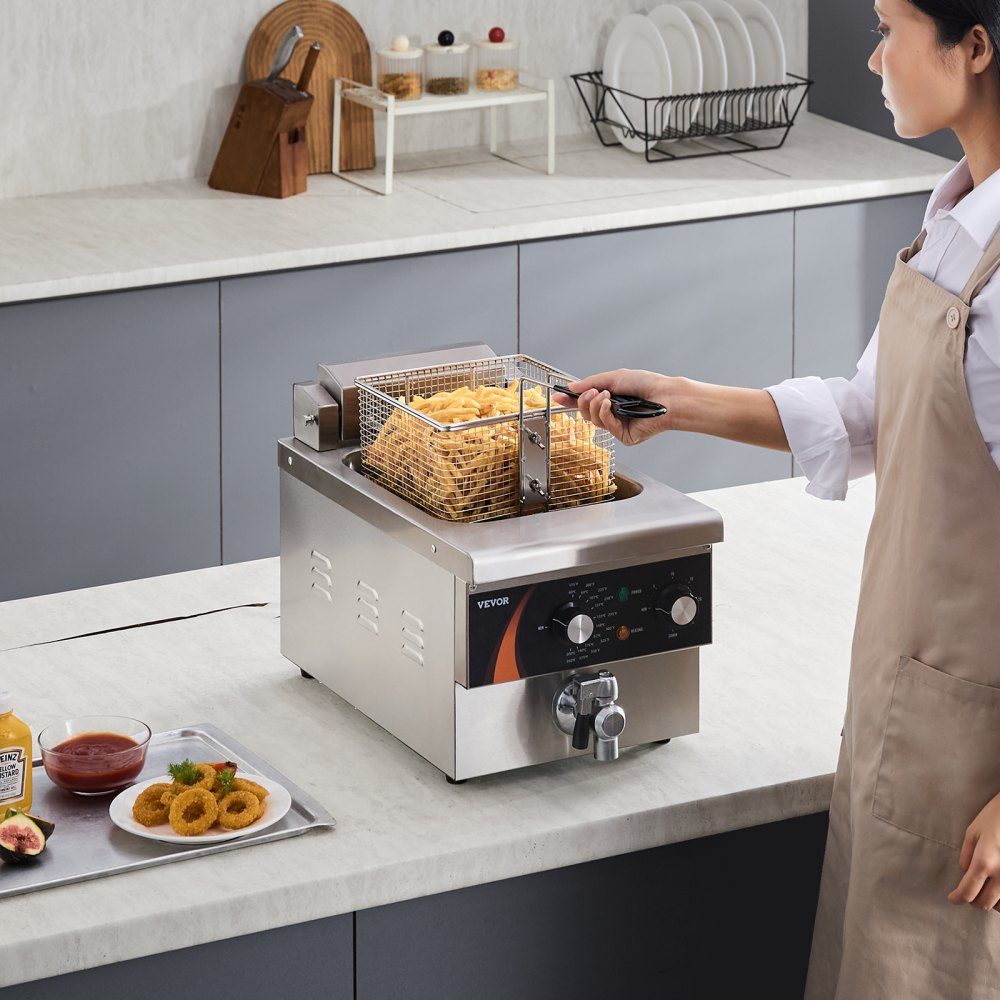 Commercial Deep Fryer, 3000W Electric Countertop Fryer with Basket, 5.9L Single Oil Fryer, Thickened Stainless Steel, Time and Temperature Control, for Kitchen, Restaurant, Cafe, Restaurant, Silver