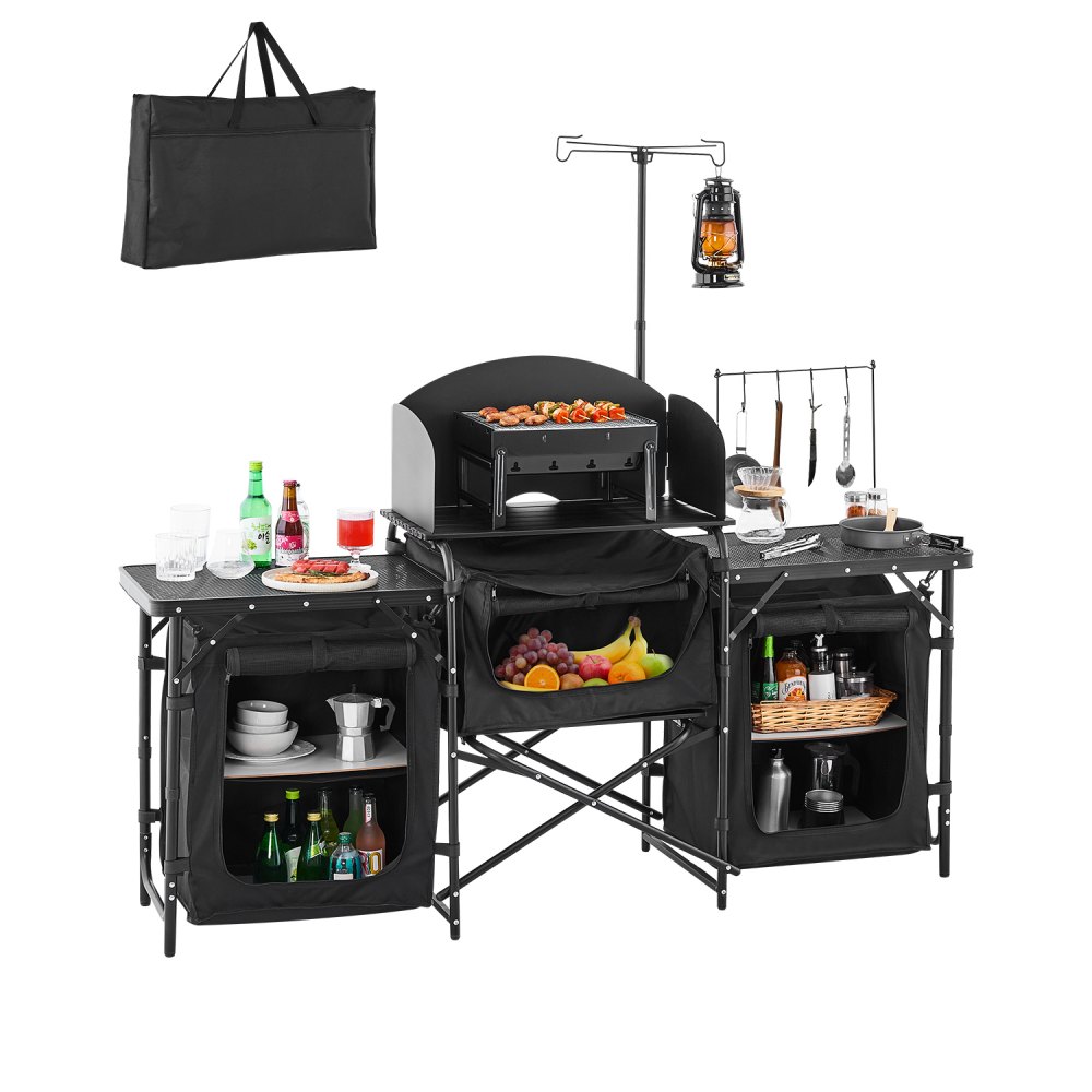 Campingkeukentafel Buitenkooktafel, draagbaar aluminium kookstation met 3 opbergkasten en draagtas, en verwijderbare voorruit, voor BBQ-feestjes Picknicks RV Reizen Zwart Campingkeukentafel Buitenkooktafel, draagbaar aluminium kookstation met 3 opbergkasten en draagtas, en verwijderbare voorruit, voor BBQ-feestjes Picknicks RV Reizen Zwart