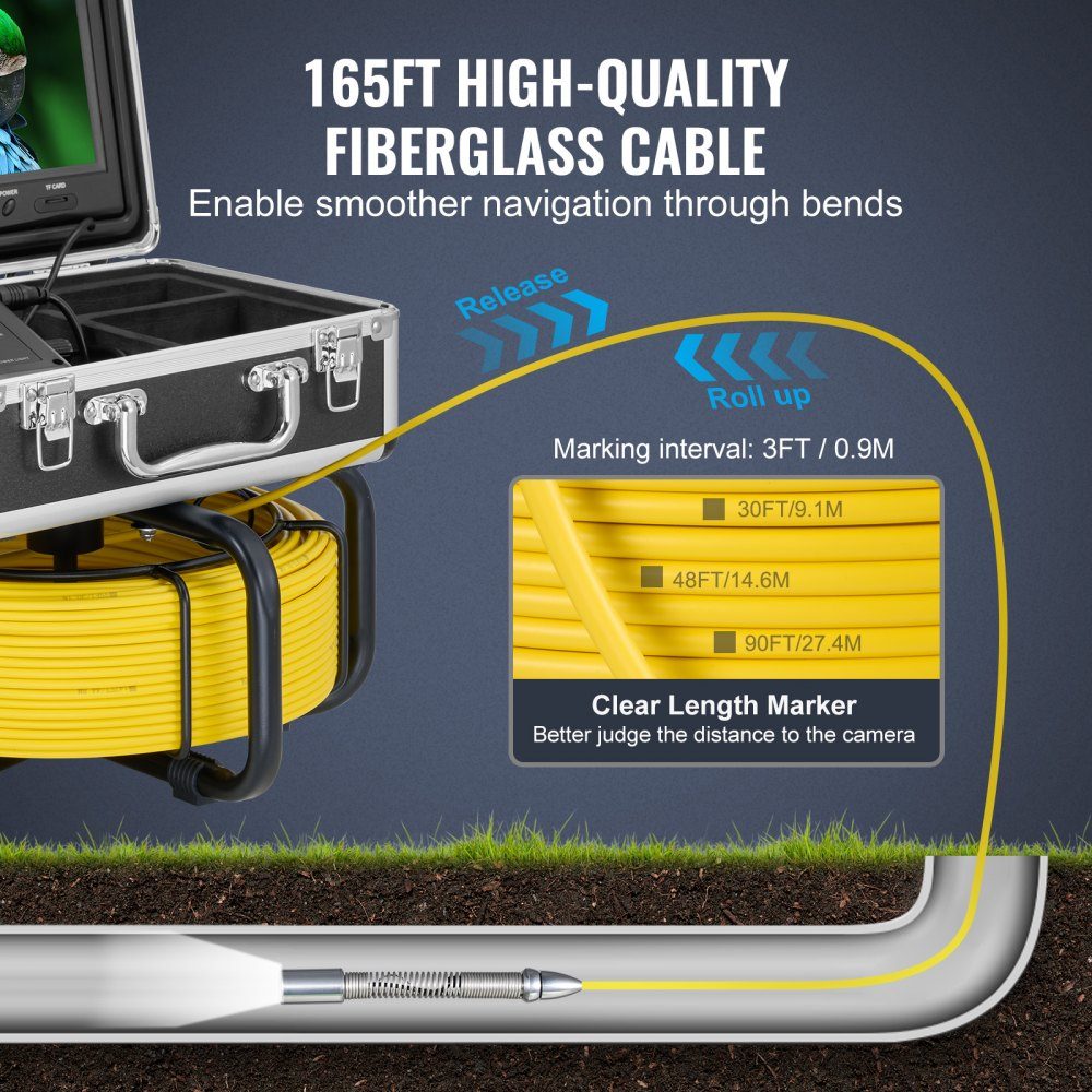 Sewer Camera with 512-Hz- Locator, 50m Self-Leveling Pipe Inspection Camera with 9" 1080P HD Screen, 36x Zoom, Pipe Camera with 12 LEDs, 32GB SD Card, for Sewer Pipes